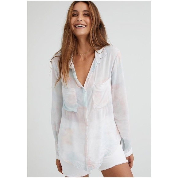 BELLA Dahl Long Sleeve Full Button Down Hipster Shirt Peach Fresco Block Print - Picture 2 of 16